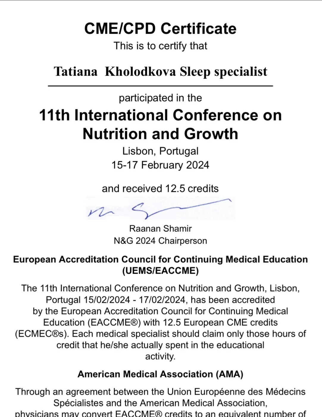 CME CPD Certificate Nutrition and Growth